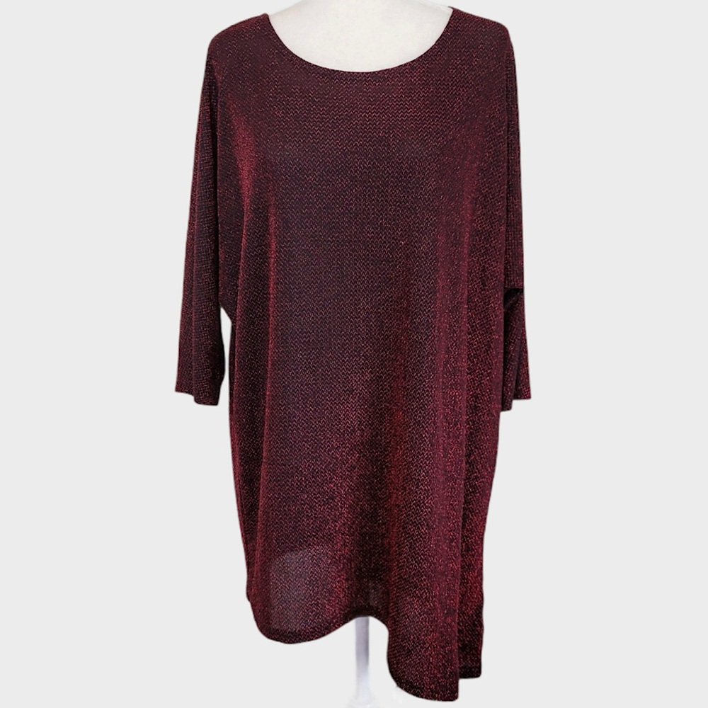 NWOT New Directions Asymmetric Sparkle 3/4 Sleeve Dolman Top - Red/Black - 2X